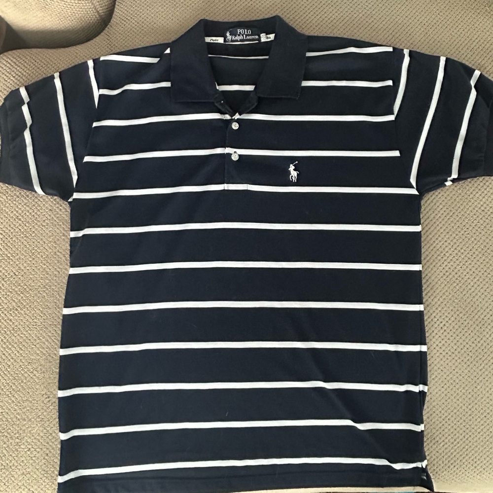 Ralph Lauren Men's Polo Shirt in Navy and White Stripes